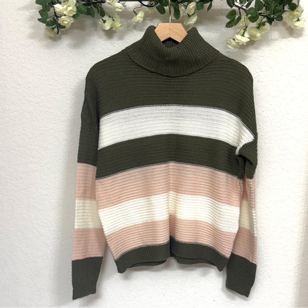 Derek Heart • Striped Olive Green and Pink Thick Knit Turtleneck Thermal Sweater